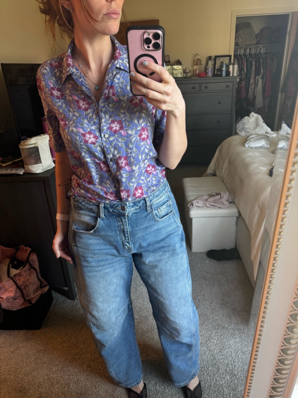 BOGARI Silk Floral Blouse in Lavender with Pink Blooms